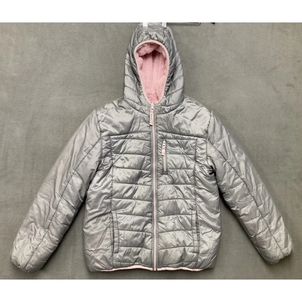Eddie Bower Puffer Jacket Girls L 14/16 Grey Pink Zip Hooded Warm